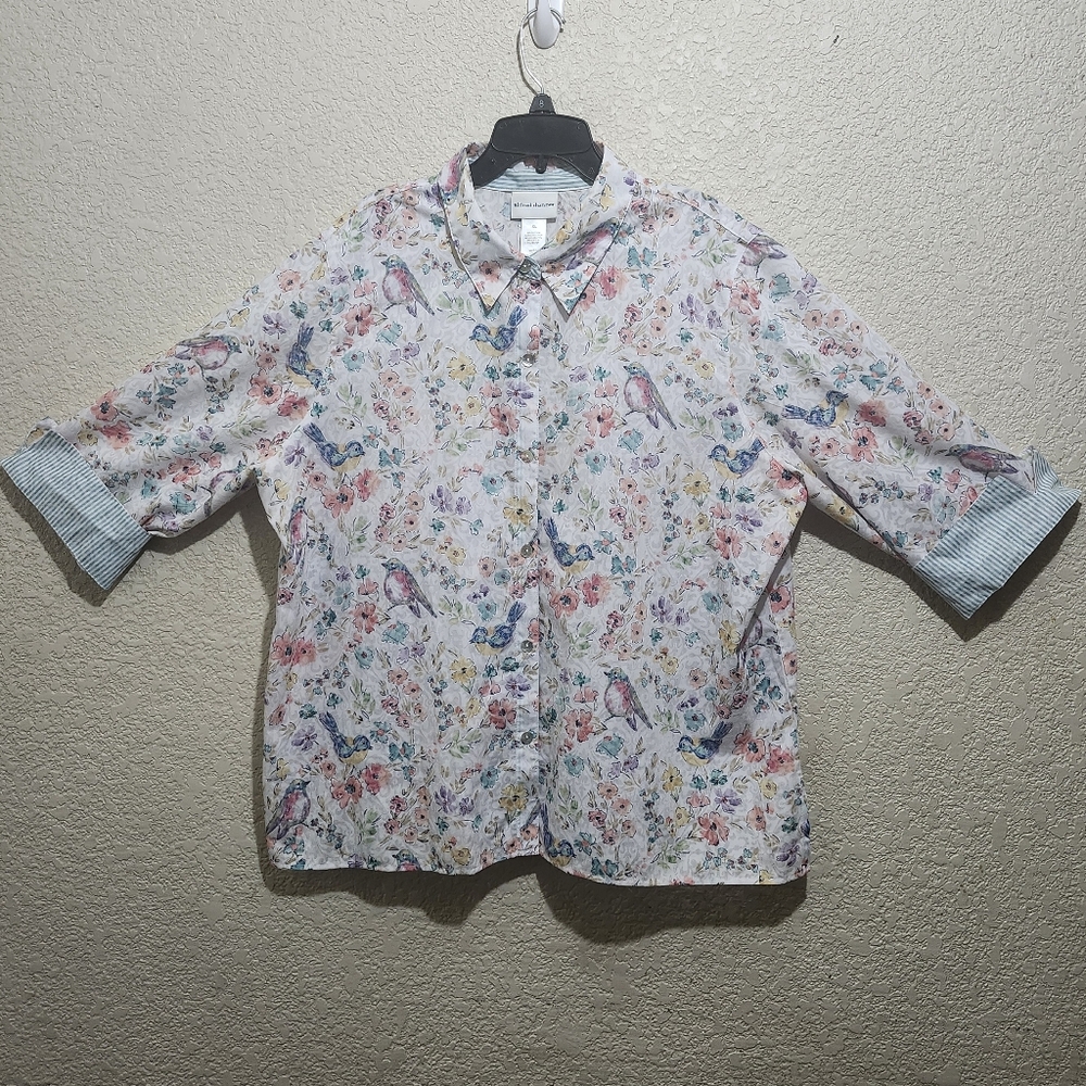 Alfred Dunner White Floral and Birds Button Down Shirt Blouse
